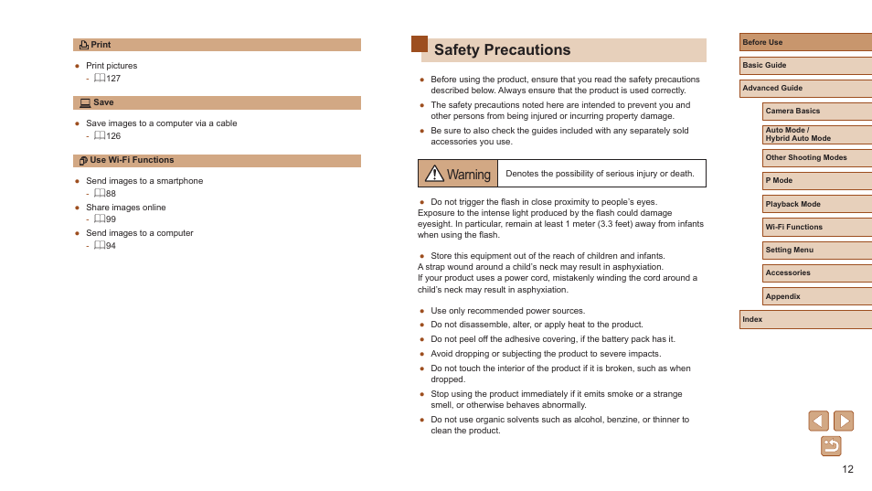 12) section, before using the camera, Safety precautions, Warning | Canon PowerShot ELPH 360 HS Digital Camera (Silver) User Manual | Page 12 / 157