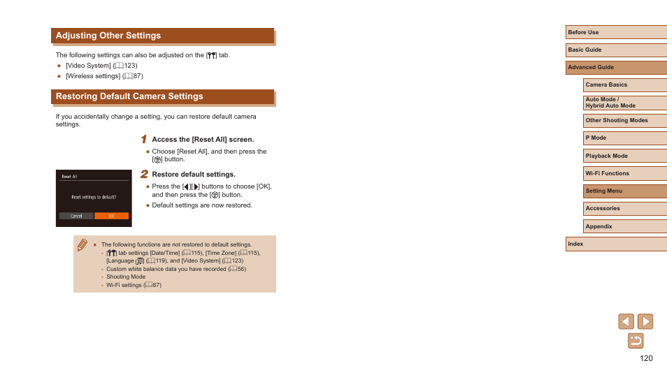 Adjusting other settings, Restoring default camera settings | Canon PowerShot ELPH 360 HS Digital Camera (Silver) User Manual | Page 120 / 157