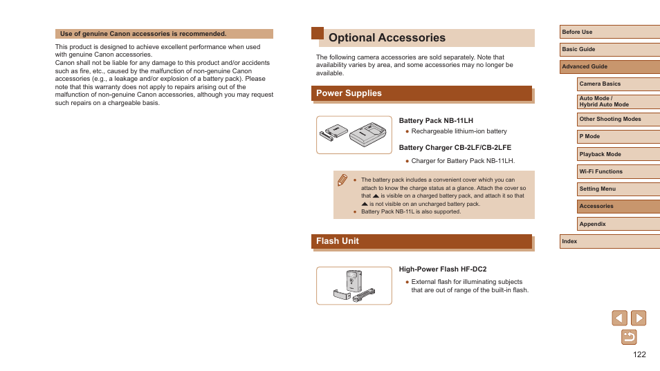 Optional accessories, Power supplies flash unit, Power supplies | Flash unit | Canon PowerShot ELPH 360 HS Digital Camera (Silver) User Manual | Page 122 / 157