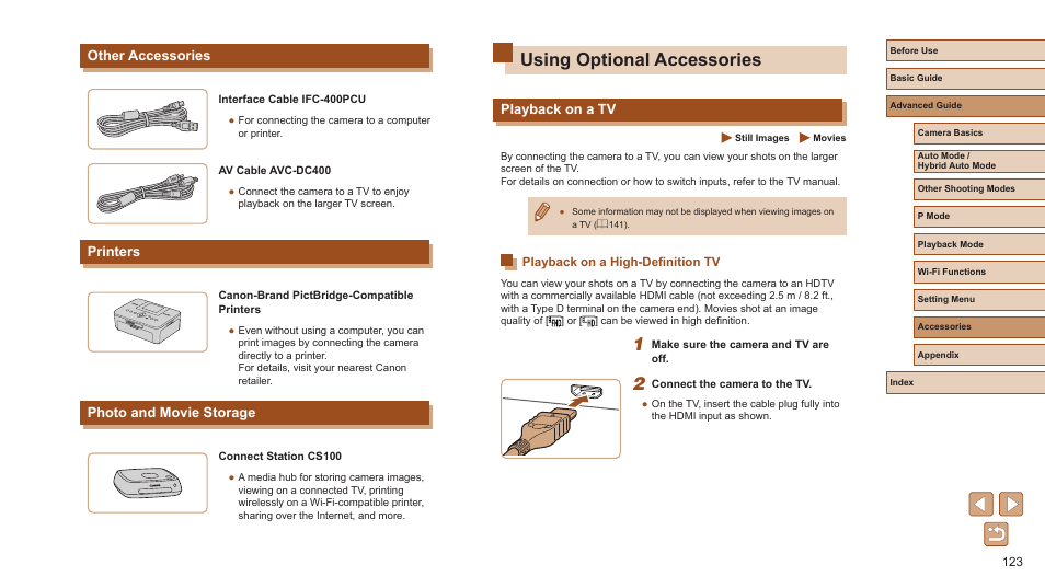 Other accessories printers photo and movie storage, Using optional accessories, Playback on a tv | Playback on a high-definition tv, Tv is used as a display, Ideo system, Other accessories, Printers, Photo and movie storage | Canon PowerShot ELPH 360 HS Digital Camera (Silver) User Manual | Page 123 / 157