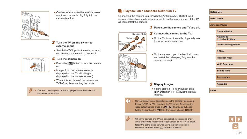 Playback on a standard-definition tv | Canon PowerShot ELPH 360 HS Digital Camera (Silver) User Manual | Page 124 / 157