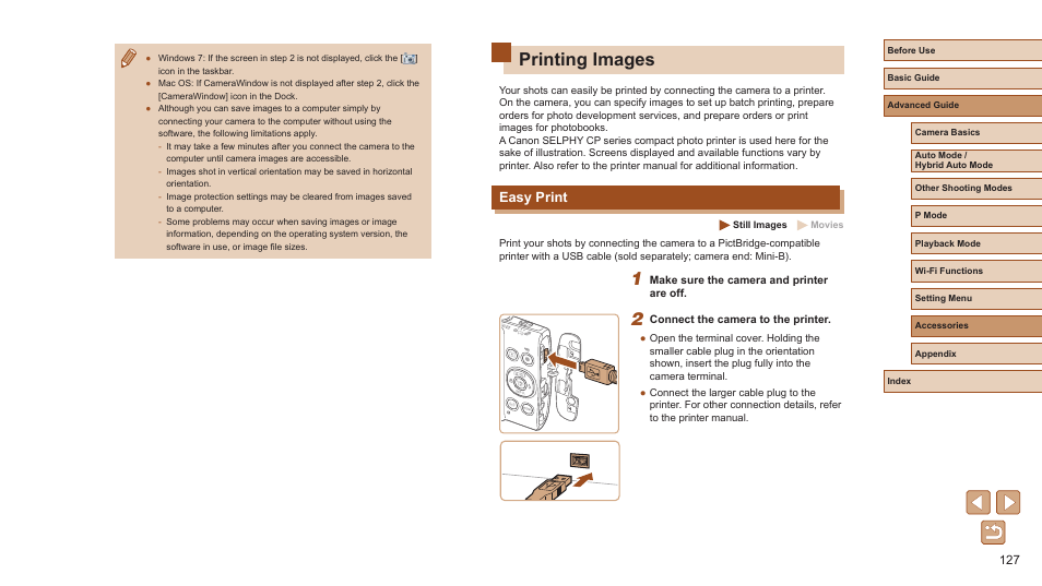 Printing images, Easy print, 127), setting up individual image printing | Canon PowerShot ELPH 360 HS Digital Camera (Silver) User Manual | Page 127 / 157