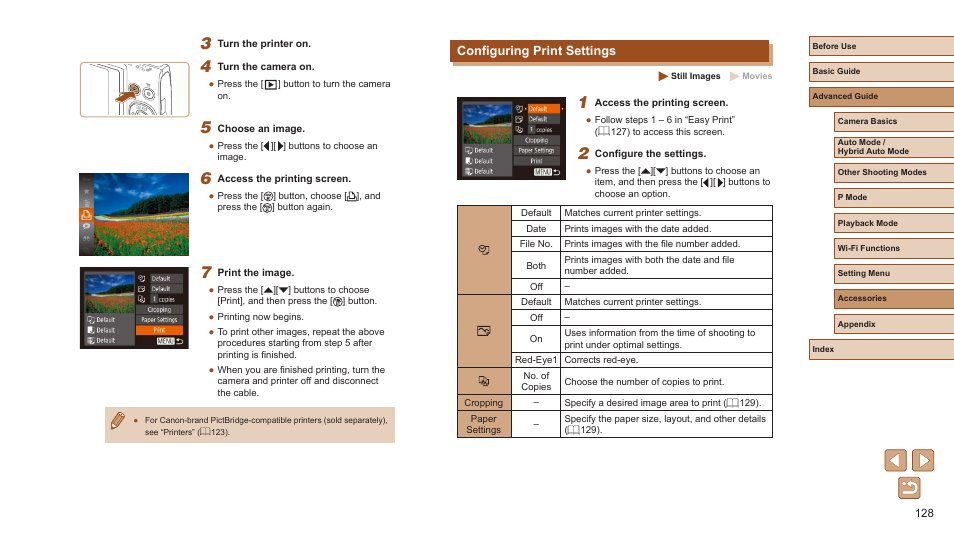 Configuring print settings | Canon PowerShot ELPH 360 HS Digital Camera (Silver) User Manual | Page 128 / 157