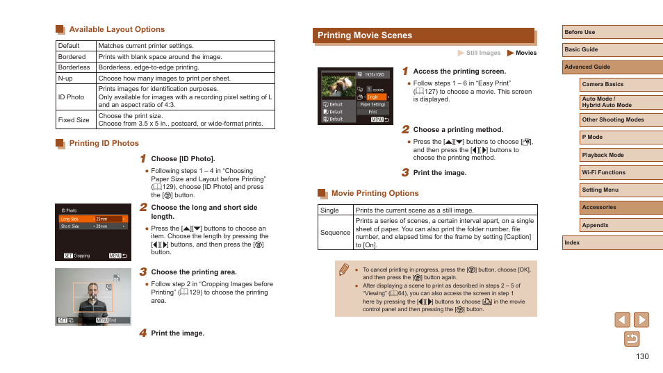 Available layout options printing id photos, Printing movie scenes, Movie printing options | Canon PowerShot ELPH 360 HS Digital Camera (Silver) User Manual | Page 130 / 157