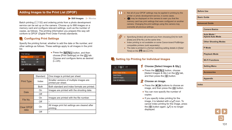 Adding images to the print list (dpof), Use camera dpof print settings, 131) to print | 131), or adding to a photobook, 131), or, To the print list (dpof), 131), or “adding images to a, The print list (dpof), 131), “adding images to a photobook | Canon PowerShot ELPH 360 HS Digital Camera (Silver) User Manual | Page 131 / 157