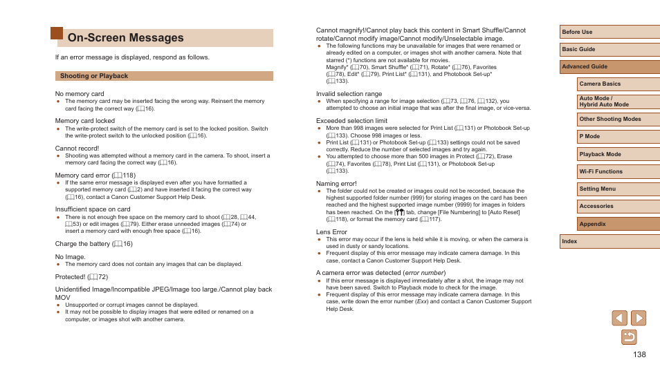 On-screen messages | Canon PowerShot ELPH 360 HS Digital Camera (Silver) User Manual | Page 138 / 157