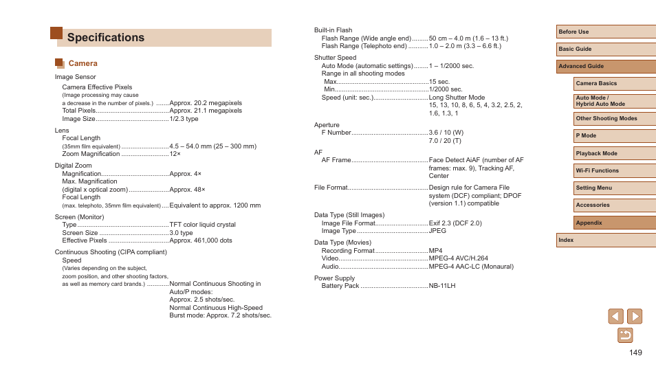 Specifications, Camera, See “camera | On the flash range, see “camera, Standards in “camera | Canon PowerShot ELPH 360 HS Digital Camera (Silver) User Manual | Page 149 / 157