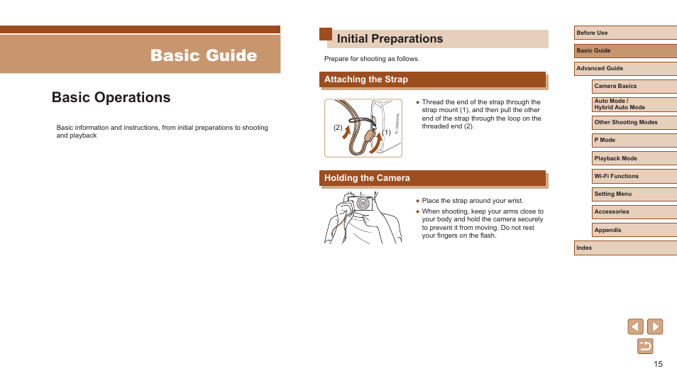 Basic guide, Basic operations, Initial preparations | Attaching the strap holding the camera, Attaching the strap, Holding the camera | Canon PowerShot ELPH 360 HS Digital Camera (Silver) User Manual | Page 15 / 157