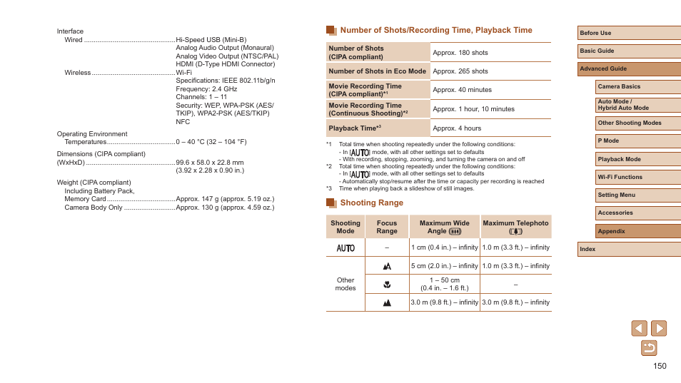 Number of shots/recording time, playback time, On the range of focus, see “shooting range, Details on the range of focus, see “shooting range | Make sure subjects are within focusing range, Shooting range | Canon PowerShot ELPH 360 HS Digital Camera (Silver) User Manual | Page 150 / 157