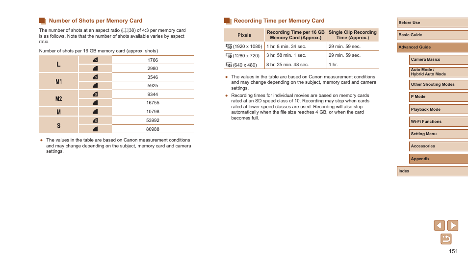 Memory card, see “recording time per memory card, Recordable shots, Remaining time | Movies: playback time | Canon PowerShot ELPH 360 HS Digital Camera (Silver) User Manual | Page 151 / 157