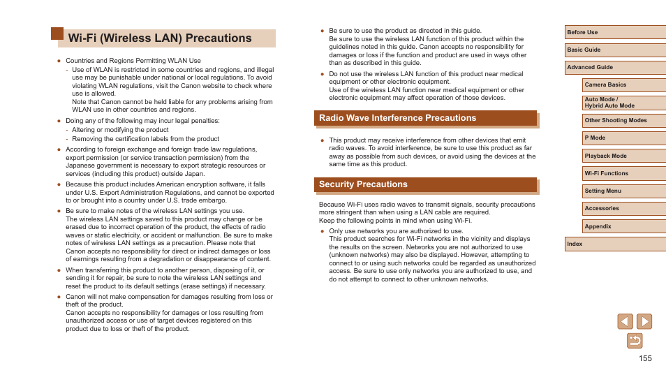 Wi-fi (wireless lan) precautions, Radio wave interference precautions, Security precautions | Canon PowerShot ELPH 360 HS Digital Camera (Silver) User Manual | Page 155 / 157
