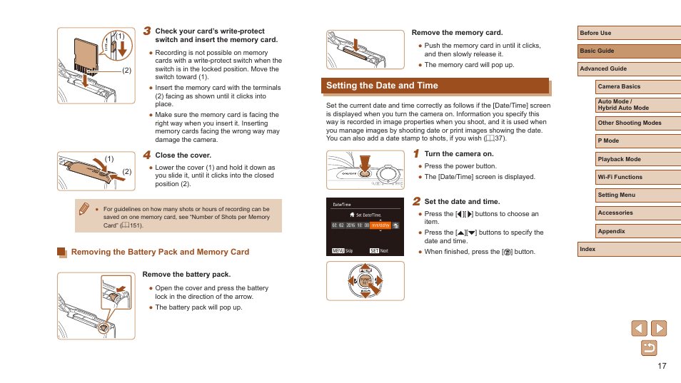 Removing the battery pack and memory card, Setting the date and time | Canon PowerShot ELPH 360 HS Digital Camera (Silver) User Manual | Page 17 / 157