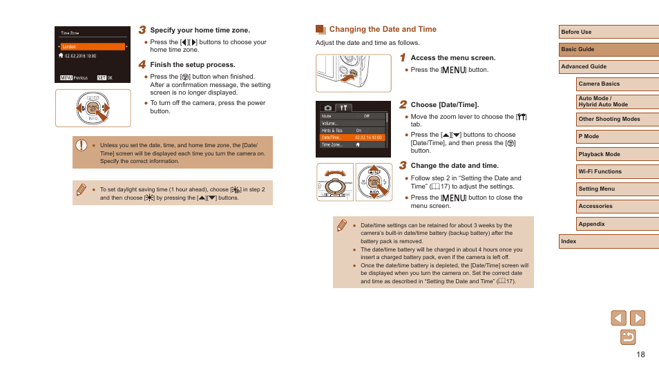Changing the date and time | Canon PowerShot ELPH 360 HS Digital Camera (Silver) User Manual | Page 18 / 157