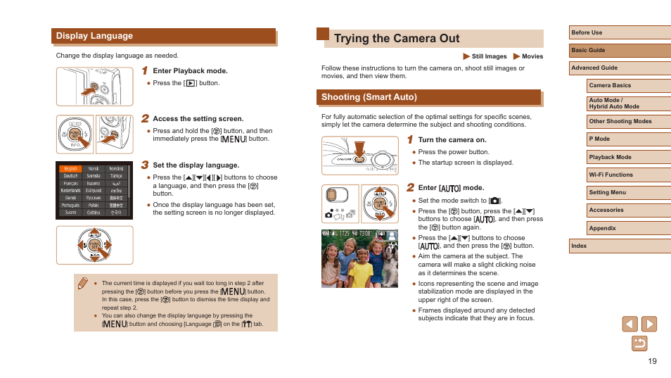Display language, Trying the camera out, Shooting (smart auto) | Canon PowerShot ELPH 360 HS Digital Camera (Silver) User Manual | Page 19 / 157