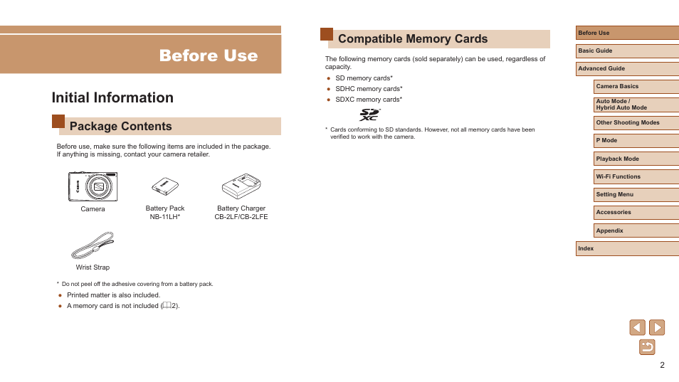 Before use, Initial information, Package contents | Canon PowerShot ELPH 360 HS Digital Camera (Silver) User Manual | Page 2 / 157