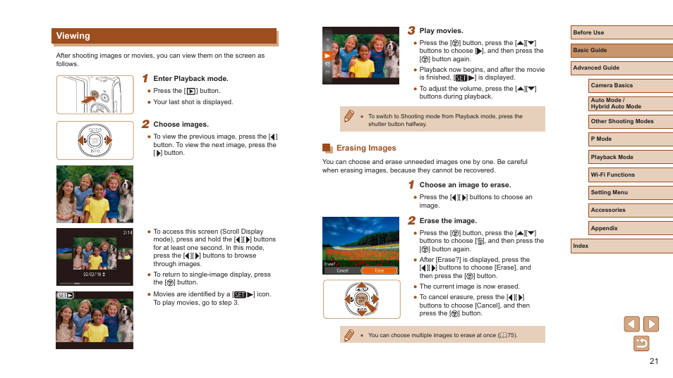 Viewing, Erasing images | Canon PowerShot ELPH 360 HS Digital Camera (Silver) User Manual | Page 21 / 157