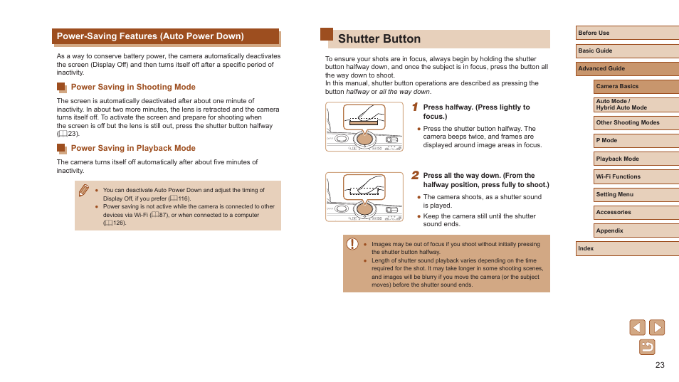 Power-saving features (auto power down), Shutter button | Canon PowerShot ELPH 360 HS Digital Camera (Silver) User Manual | Page 23 / 157