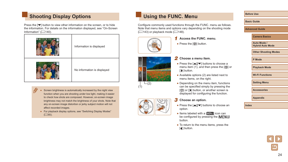 Shooting display options using the func. menu, Using the func. menu, Shooting display options | Canon PowerShot ELPH 360 HS Digital Camera (Silver) User Manual | Page 24 / 157