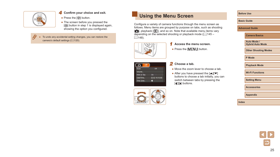 Using the menu screen | Canon PowerShot ELPH 360 HS Digital Camera (Silver) User Manual | Page 25 / 157
