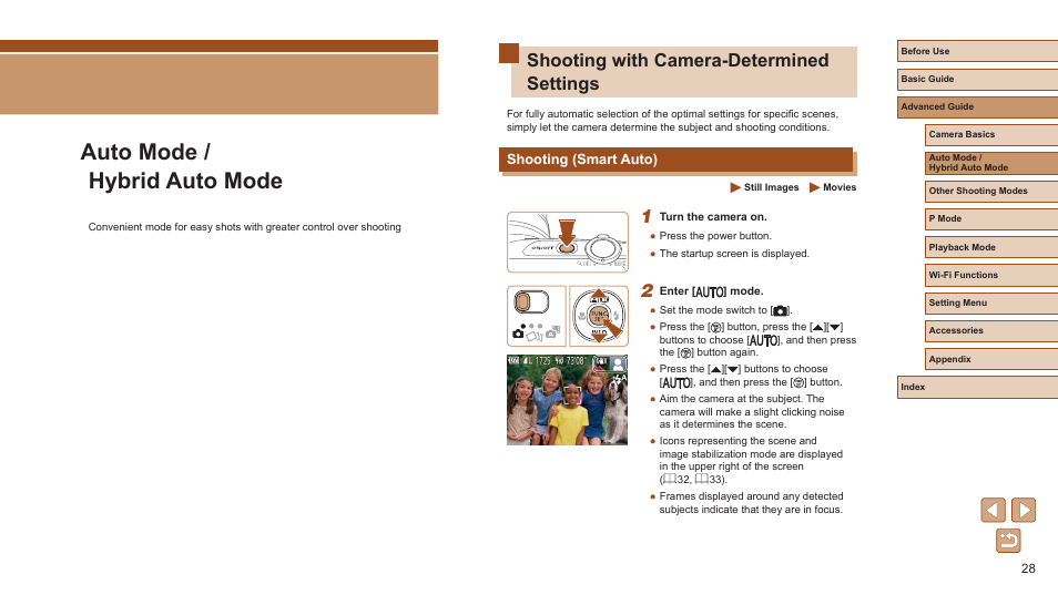Auto mode / hybrid auto mode, Shooting with camera-determined settings, Shooting (smart auto) | Canon PowerShot ELPH 360 HS Digital Camera (Silver) User Manual | Page 28 / 157