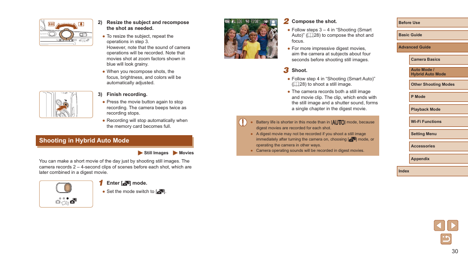 Shooting in hybrid auto mode | Canon PowerShot ELPH 360 HS Digital Camera (Silver) User Manual | Page 30 / 157
