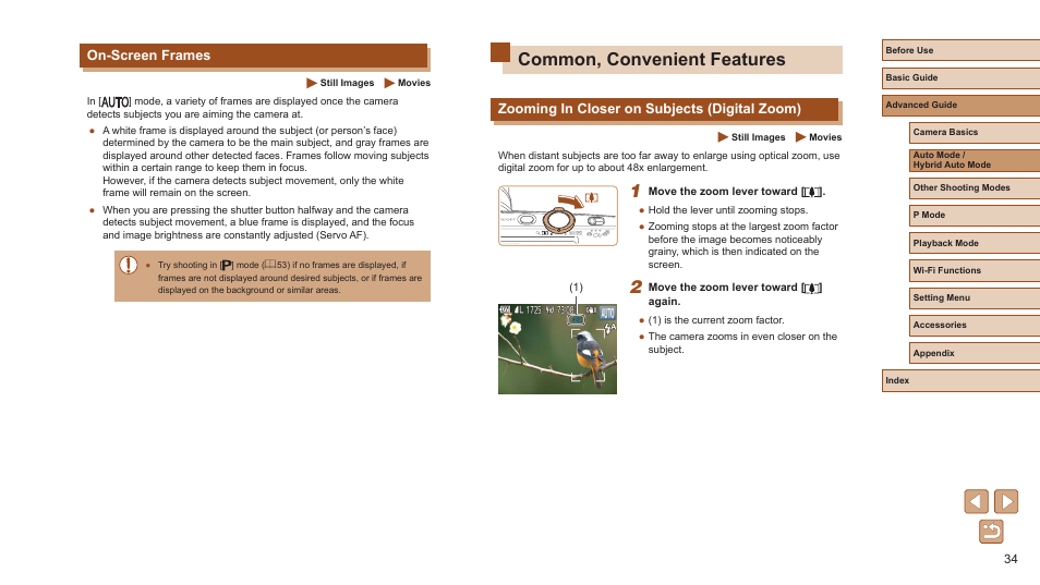 On-screen frames, Common, convenient features, Zooming in closer on subjects (digital zoom) | Canon PowerShot ELPH 360 HS Digital Camera (Silver) User Manual | Page 34 / 157