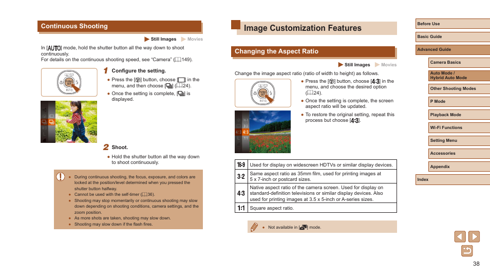 Continuous shooting, Image customization features, Changing the aspect ratio | Canon PowerShot ELPH 360 HS Digital Camera (Silver) User Manual | Page 38 / 157