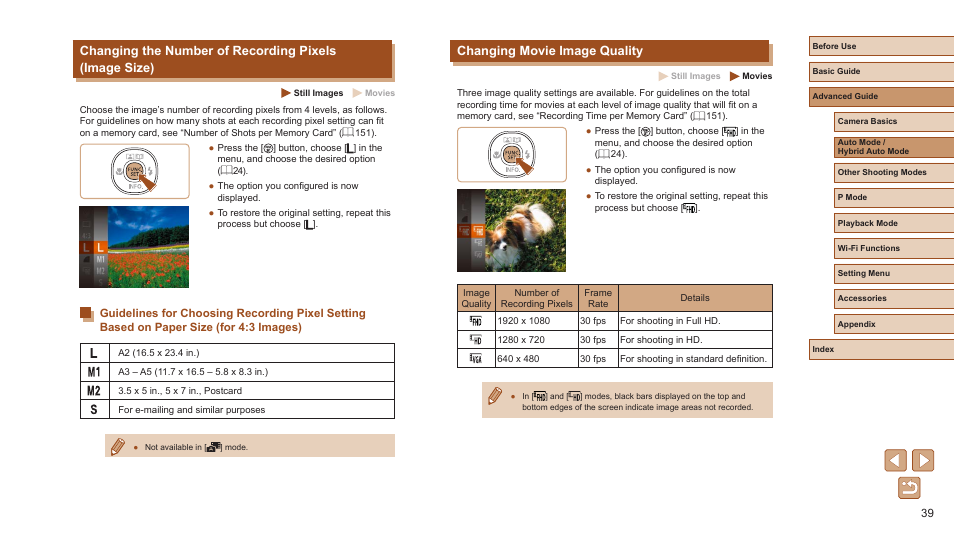 Changing movie image quality, Pixel settings, 39), the maximum zoom factor can be | Canon PowerShot ELPH 360 HS Digital Camera (Silver) User Manual | Page 39 / 157