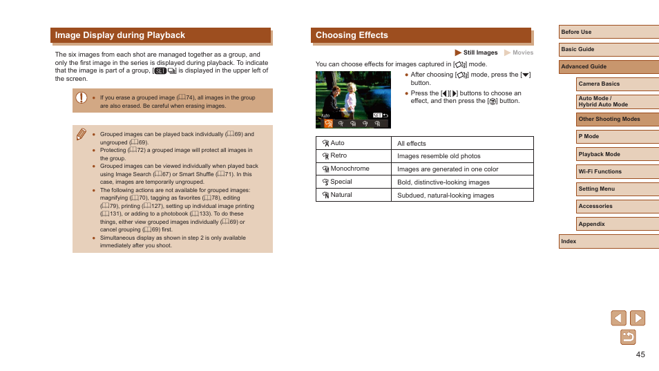 Image display during playback choosing effects, Choosing effects, Image display during playback | Canon PowerShot ELPH 360 HS Digital Camera (Silver) User Manual | Page 45 / 157