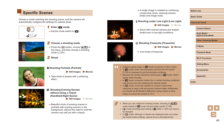 Specific scenes | Canon PowerShot ELPH 360 HS Digital Camera (Silver) User Manual | Page 46 / 157