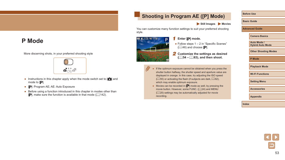 P mode, Shooting in program ae ([p] mode), 53) if the scene icon does not | Canon PowerShot ELPH 360 HS Digital Camera (Silver) User Manual | Page 53 / 157