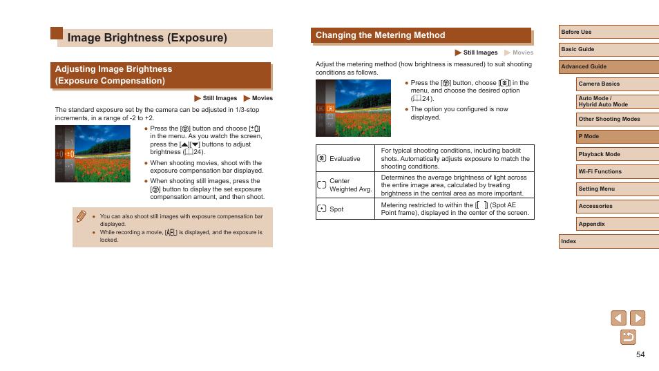 Image brightness (exposure), Changing the metering method, Adjusting image brightness (exposure compensation) | Canon PowerShot ELPH 360 HS Digital Camera (Silver) User Manual | Page 54 / 157