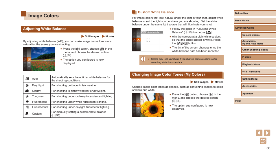 Image colors, Adjusting white balance, Custom white balance | Changing image color tones (my colors) | Canon PowerShot ELPH 360 HS Digital Camera (Silver) User Manual | Page 56 / 157