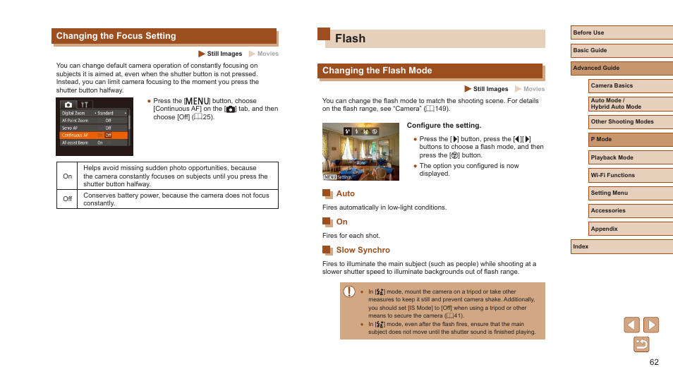 Changing the focus setting, Flash, Changing the flash mode | Auto on slow synchro, And shoot again | Canon PowerShot ELPH 360 HS Digital Camera (Silver) User Manual | Page 62 / 157