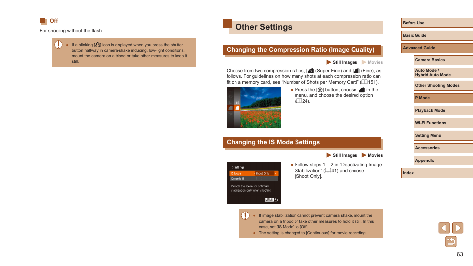Other settings, 63), and then shoot, Changing the compression ratio (image quality) | Changing the is mode settings | Canon PowerShot ELPH 360 HS Digital Camera (Silver) User Manual | Page 63 / 157
