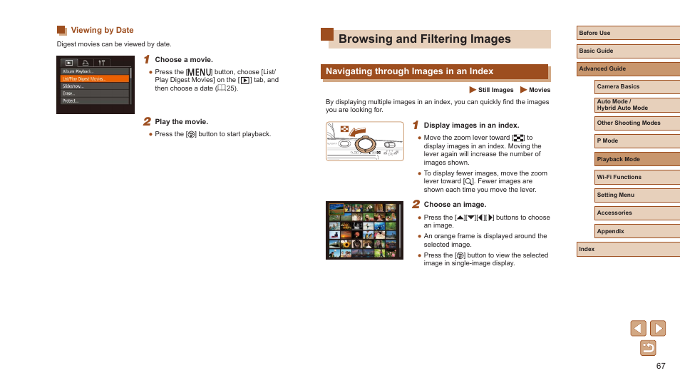 Viewing by date, Browsing and filtering images, Navigating through images in an index | Using image search, 67) or smart shuffle | Canon PowerShot ELPH 360 HS Digital Camera (Silver) User Manual | Page 67 / 157