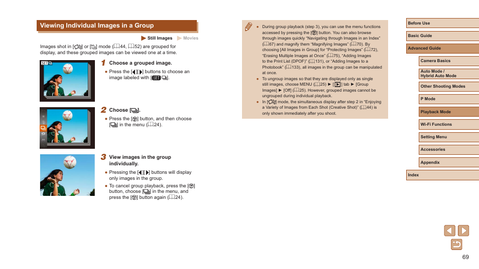 Viewing individual images in a group, 69) and, Ungrouped | Things, either view grouped images individually, 69) or, Cancel grouping, 69) first | Canon PowerShot ELPH 360 HS Digital Camera (Silver) User Manual | Page 69 / 157