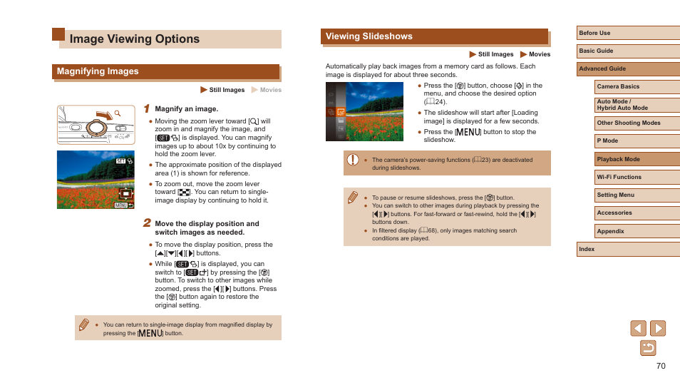 Image viewing options, Magnifying images viewing slideshows, 70), tagging as favorites | Images, 70), and “viewing slideshows, 70). y, 70). by, Viewing slideshows, Magnifying images | Canon PowerShot ELPH 360 HS Digital Camera (Silver) User Manual | Page 70 / 157