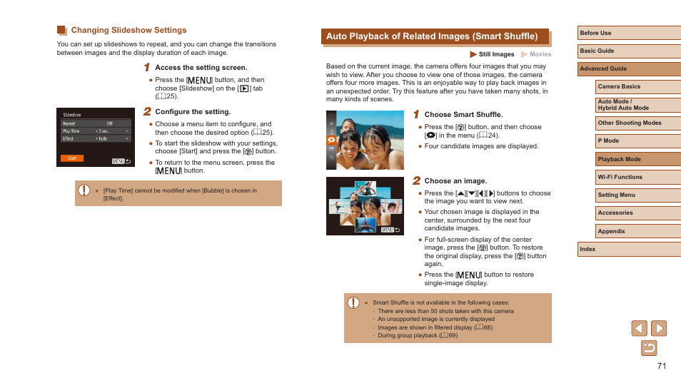 Changing slideshow settings, Auto playback of related images (smart shuffle), 71). in this | Canon PowerShot ELPH 360 HS Digital Camera (Silver) User Manual | Page 71 / 157
