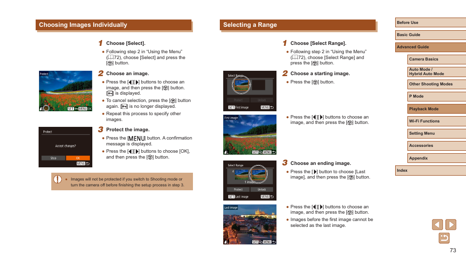 Choosing images individually selecting a range, Selecting a range, Choosing images individually | Canon PowerShot ELPH 360 HS Digital Camera (Silver) User Manual | Page 73 / 157