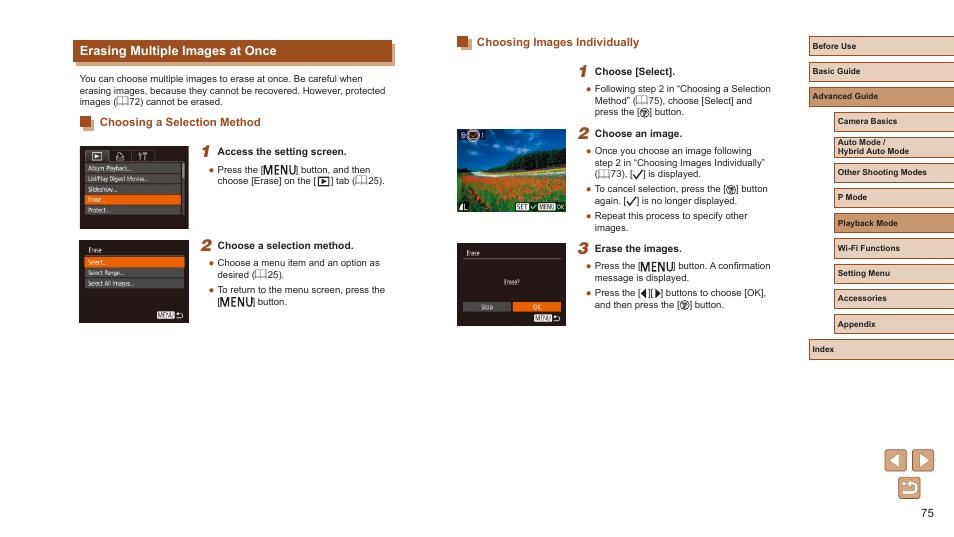 Erasing multiple images at once, 75), “adding images to the print list (dpof), 75), “adding images | Canon PowerShot ELPH 360 HS Digital Camera (Silver) User Manual | Page 75 / 157