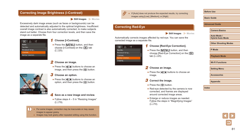 81) is only available when the, Correcting red-eye, Correcting image brightness (i-contrast) | Canon PowerShot ELPH 360 HS Digital Camera (Silver) User Manual | Page 81 / 157