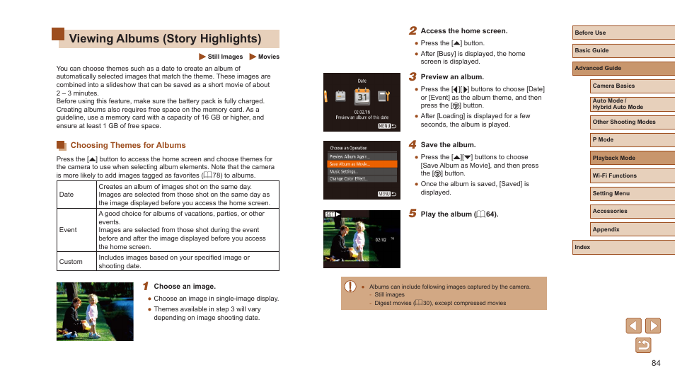 Viewing albums (story highlights), Choosing themes for albums | Canon PowerShot ELPH 360 HS Digital Camera (Silver) User Manual | Page 84 / 157