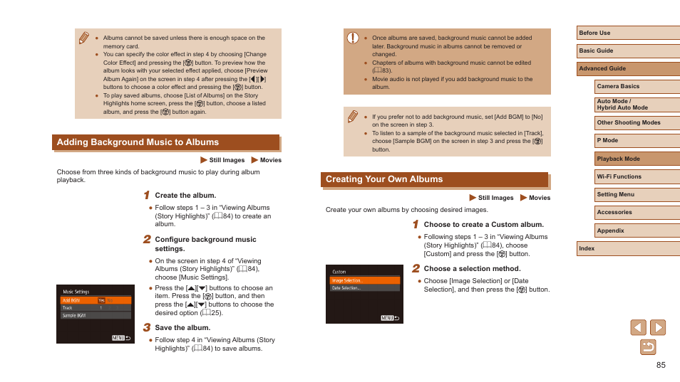 Creating your own albums, Adding background music to albums | Canon PowerShot ELPH 360 HS Digital Camera (Silver) User Manual | Page 85 / 157