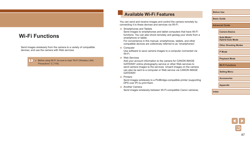 Wi-fi functions, Available wi-fi features, Devices via wi-fi | 87), or when connected to a computer | Canon PowerShot ELPH 360 HS Digital Camera (Silver) User Manual | Page 87 / 157