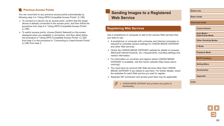Previous access points, Sending images to a registered web service, Registering web services | Canon PowerShot ELPH 360 HS Digital Camera (Silver) User Manual | Page 99 / 157