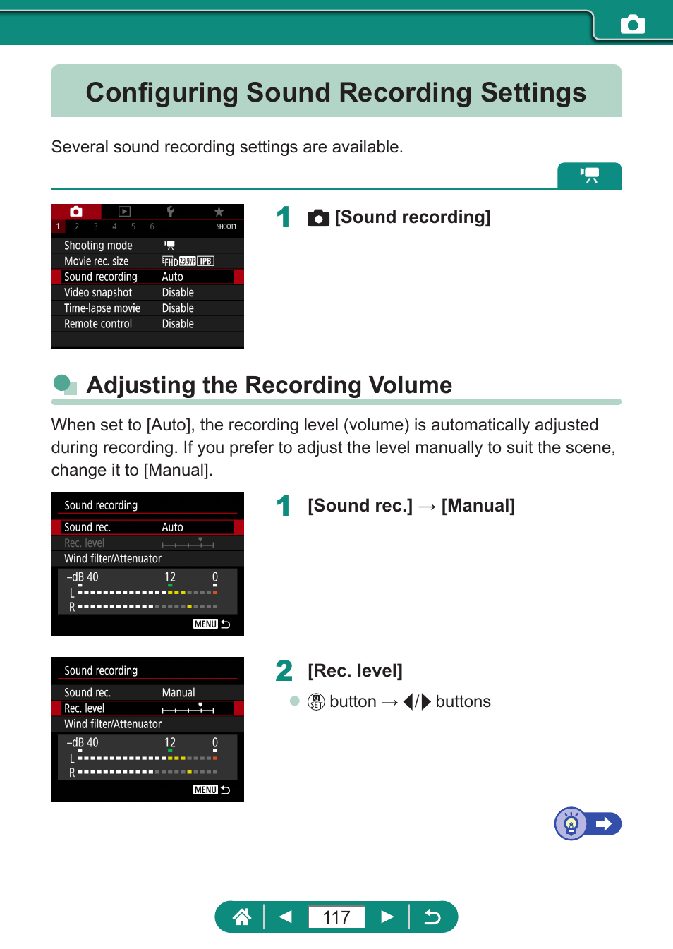 Configuring sound recording settings, Adjusting the recording volume | Canon PowerShot SX70 HS Digital Camera User Manual | Page 117 / 289