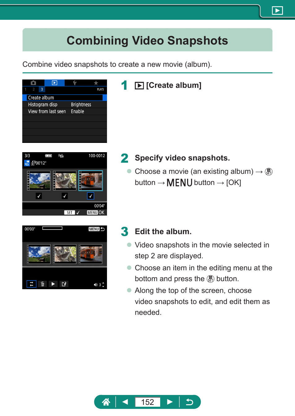 Combining video snapshots | Canon PowerShot SX70 HS Digital Camera User Manual | Page 152 / 289