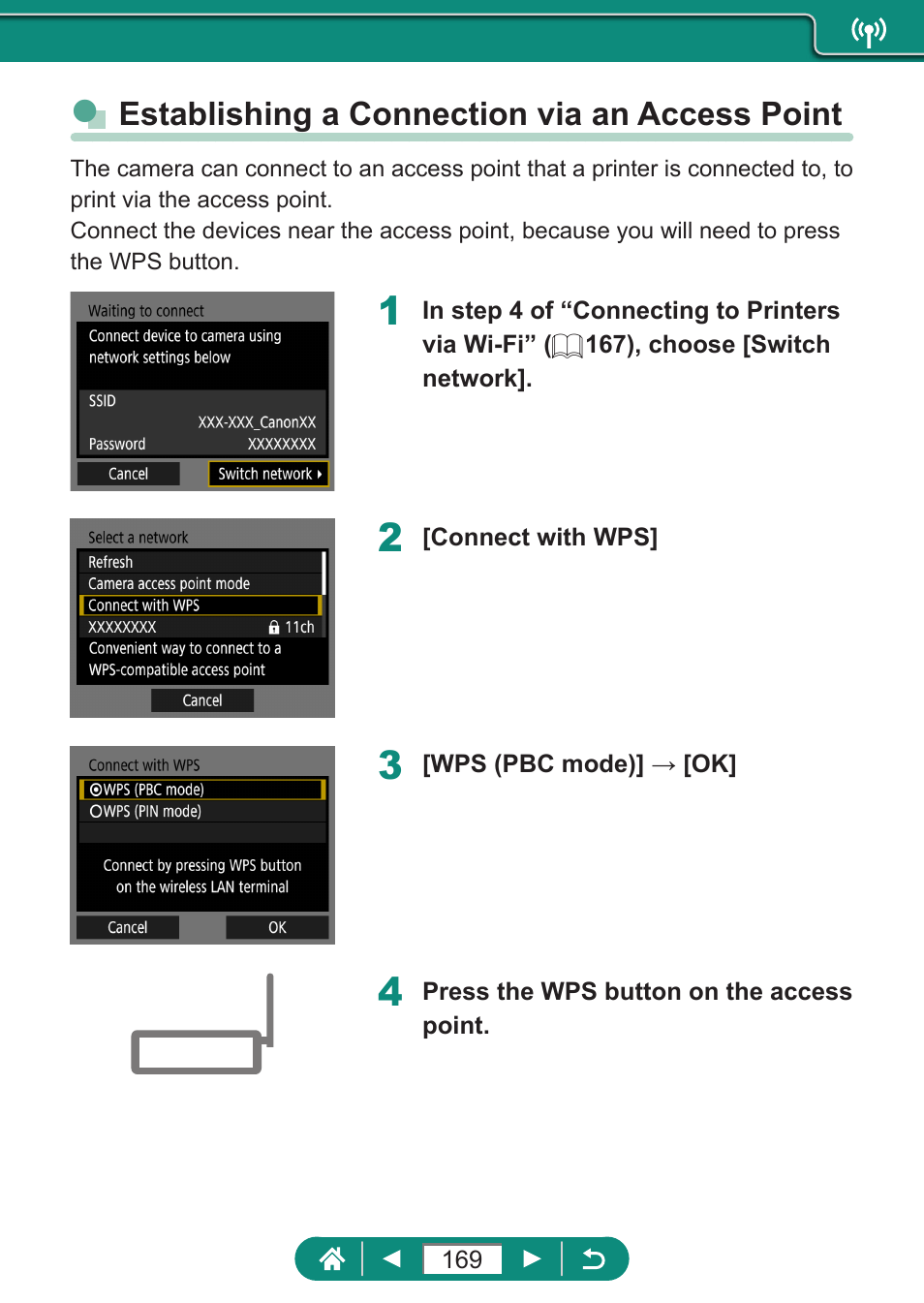 Establishing a connection via an access point | Canon PowerShot SX70 HS Digital Camera User Manual | Page 169 / 289