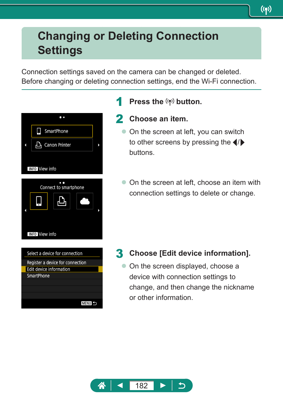 Changing or deleting connection settings | Canon PowerShot SX70 HS Digital Camera User Manual | Page 182 / 289